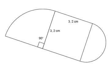 Figuren består av et kvadrat, en halvsirkel og en sirkelsektor med vinkel på 90 grader. Kvadratet har sidelengde 3,2 cm, og dette er også diameteren i halvsirkelen og radien til sirkelsektoren.